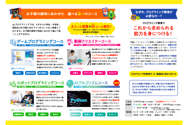 「ゲーム」「ロボット」「動画クリエイター」「ＡＩアルゴリズム」の４コース設定！　Wコース割引あり！