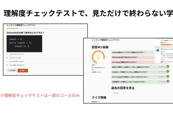 各レッスンには理解度チェックテストを搭載。動画を見て終わりではなく、テストで確認することで学習内容がしっかり定着します。