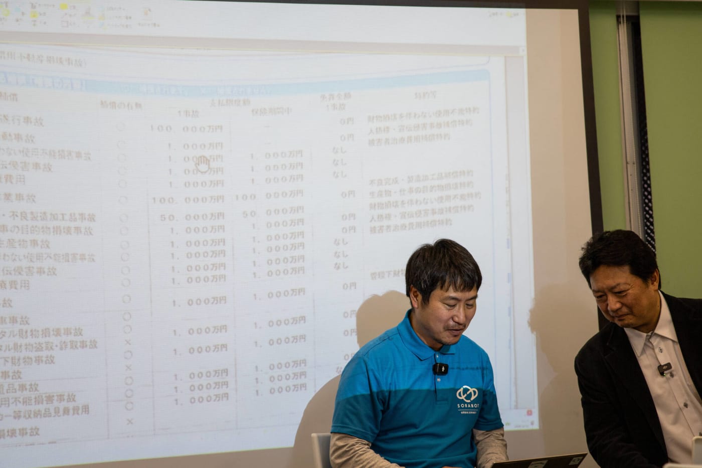 ドローン保険に関して対談するSORABOT代表と保険代理店ACF代表