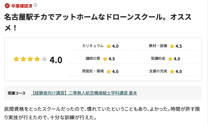 DSAなごのキャンパス（ドローンスクール愛知）の口コミ評価