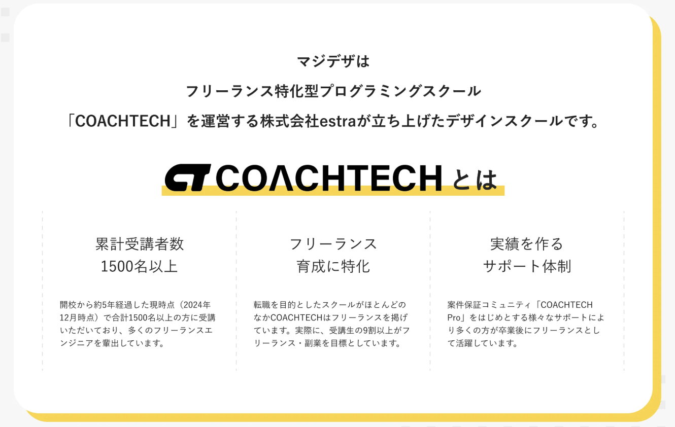 マジデザは「コーチテック」を運営する株式会社estraが立ち上げたスクール