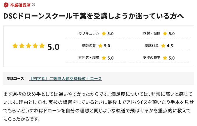 DSCドローンスクール千葉の口コミ