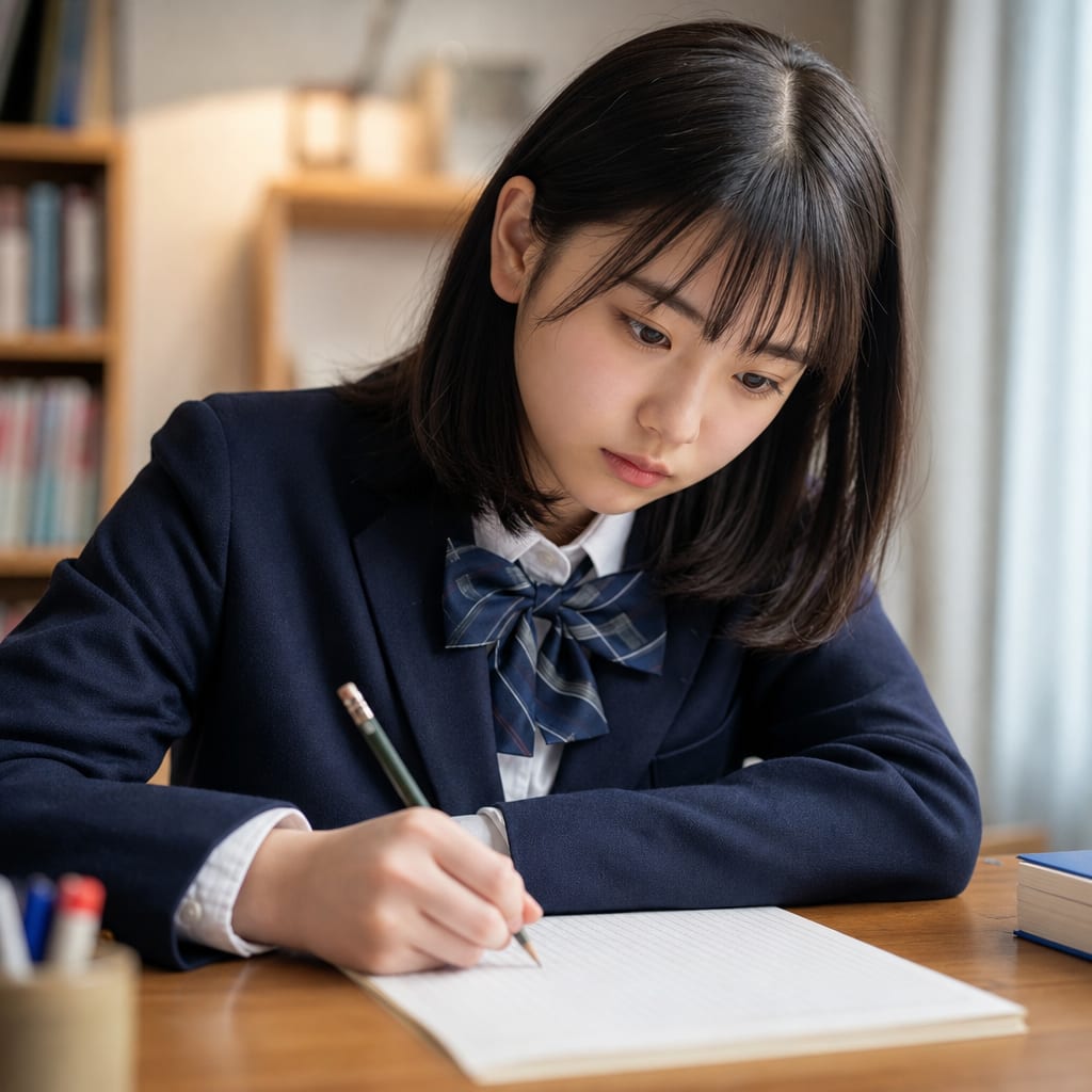 高校生が机で小論文を書いている様子