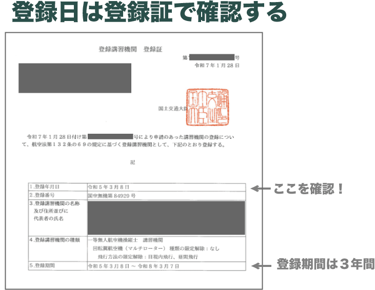 ドローンスクール登録日がわかる登録証の画像