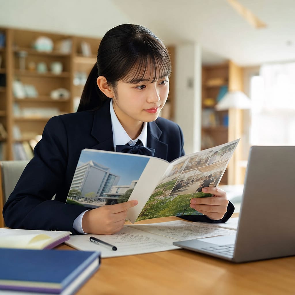 高校生が大学のパンフレットを見ながら総合型選抜を調べている様子