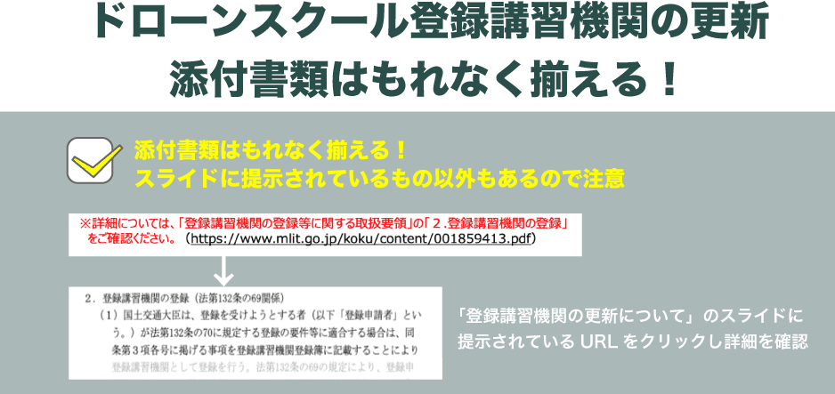 ドローンスクール登録講習機関の更新には添付書類が必要
