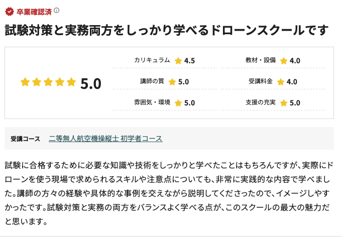 湘南ドローンアカデミーのコエテコドローンにおける口コミ評価の抜粋