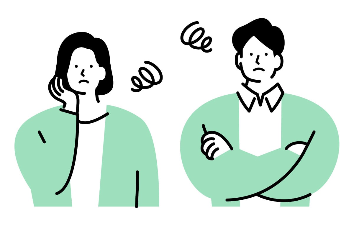 困惑や悩みを表現するイラスト。片手を顎に当てた人物と腕を組んだ人物が描かれ、頭上にぐるぐる模様が付いて感情を強調している。