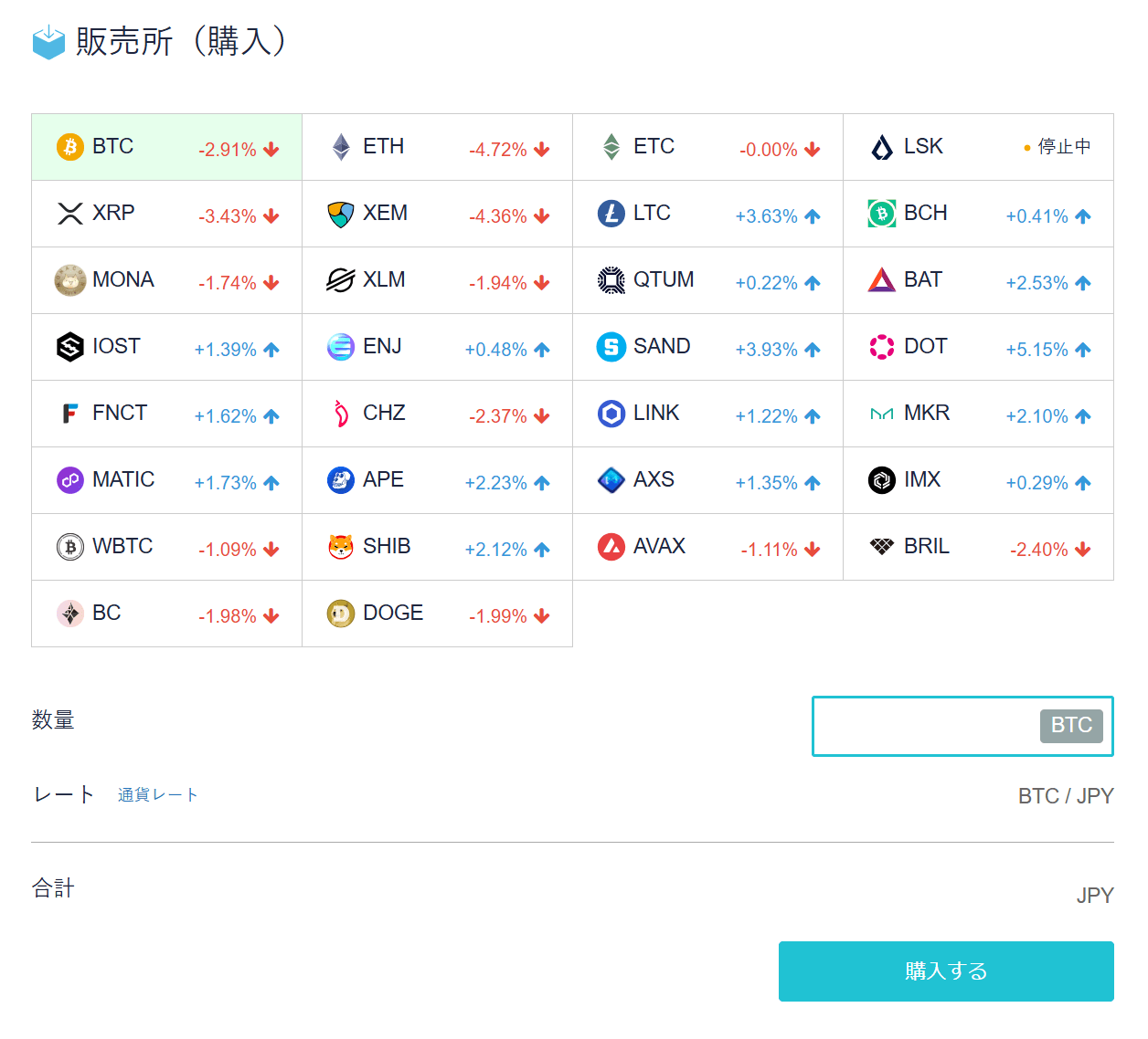 仮想通貨購入画面
