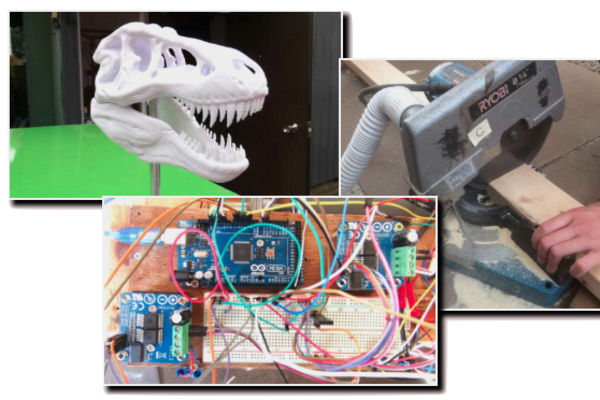 3Dプリンターで作った恐竜の骨、電動ノコギリ、電子工作
