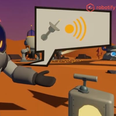 ブロックプログラミングクラスでは、バーチャルロボット教材「ロボティファイ」を使って学びます。（火星探査編）