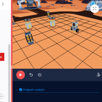 ブロックプログラミングクラスでは、バーチャルロボット教材「ロボティファイ」を使って学びます。（火星探査編）
