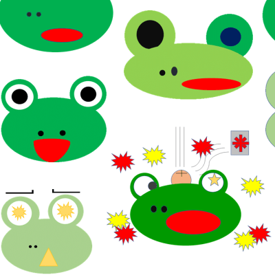 生徒作品一例　みんな違った表情のカエルたちが描けました