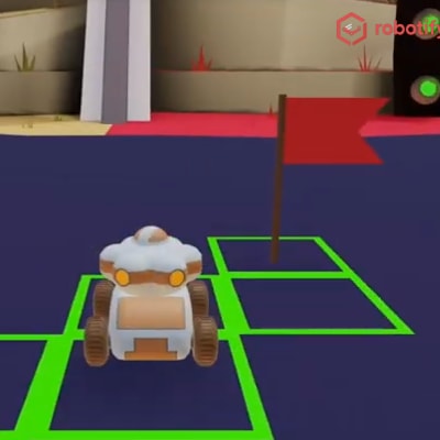 ブロックプログラミングクラスでは、バーチャルロボット教材「ロボティファイ」を使って学びます。