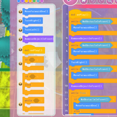 日本語ブロックから、パイソンブロックへ段階的な学びで確実にステップアップすることで、テキストコーディングへと進んでいきます。