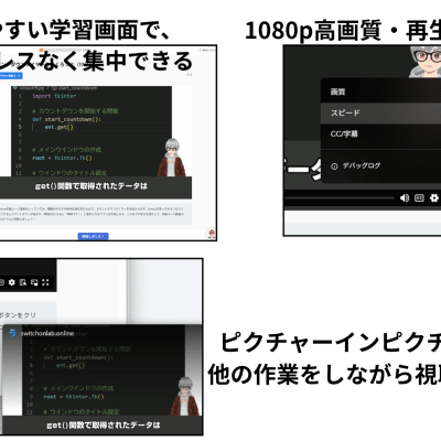 1080p高画質・再生速度調整・ピクチャーインピクチャーに対応した学習画面。自分のスタイルに合わせて快適に受講できます。