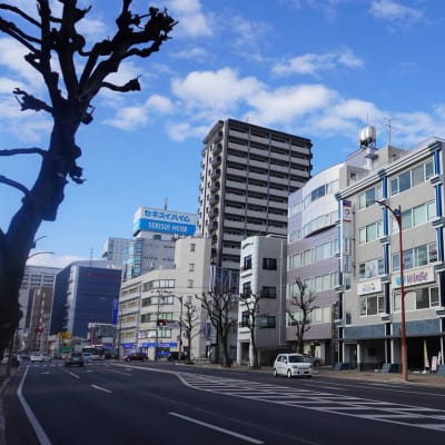 手前の道路が石田街道で、左奥にまっすぐ進むと静岡駅に着きます。壁面に「WinBe」「HALLO」の看板がついた建物の3階です。