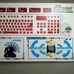 カムロボの動きとコマンドの対応表、キー配置やファンクションキーの内容などをボードに掲示しております。