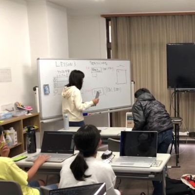 Pythonクラスの様子です。Pythonクラス6~8名ほど一クラスに在籍しています。受講生同志で話しながら楽しくPythonを受講してくれています。