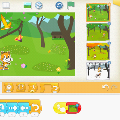 ビジュアルプログラミングクラスでは、「SCRATCH」使います。