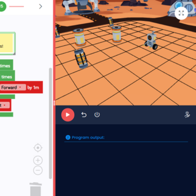 ブロックプログラミングクラスでは、バーチャルロボット教材「ロボティファイ」を使って学びます。（火星探査編）
