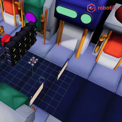 ブロックプログラミングクラスでは、バーチャルロボット教材「ロボティファイ」を使って学びます。（ドローン編）