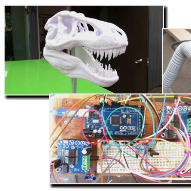 3Dプリンターで作った恐竜の骨、電動ノコギリ、電子工作