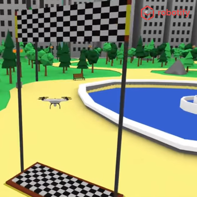 ブロックプログラミングクラスでは、バーチャルロボット教材「ロボティファイ」を使って学びます。（ドローン編）