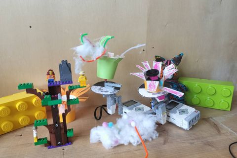 【授業作品】ぐるぐる実験装置を作って、綿やモールをはやくまわすとびっくり、わたがしみたいになったよ！