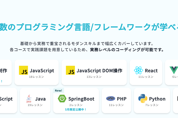多数のプログラミング言語/フレームワークが学べる