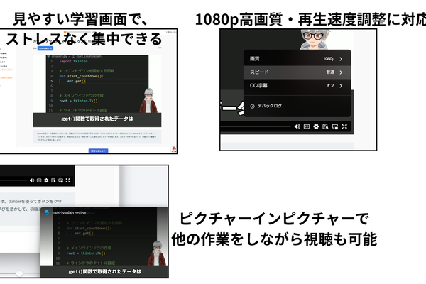 1080p高画質・再生速度調整・ピクチャーインピクチャーに対応した学習画面。自分のスタイルに合わせて快適に受講できます。
