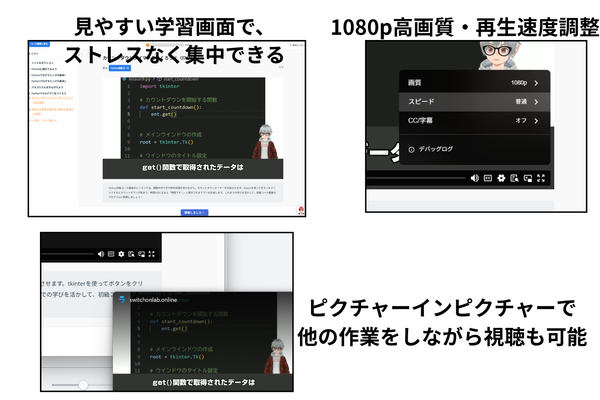 1080p高画質・再生速度調整・ピクチャーインピクチャーに対応した学習画面。自分のスタイルに合わせて快適に受講できます。