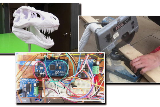 3Dプリンターで作った恐竜の骨、電動ノコギリ、電子工作