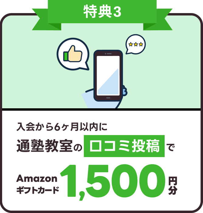 入会から6ヶ月以内に通塾教室の口コミ投稿でAmazonギフトカード1,500円分