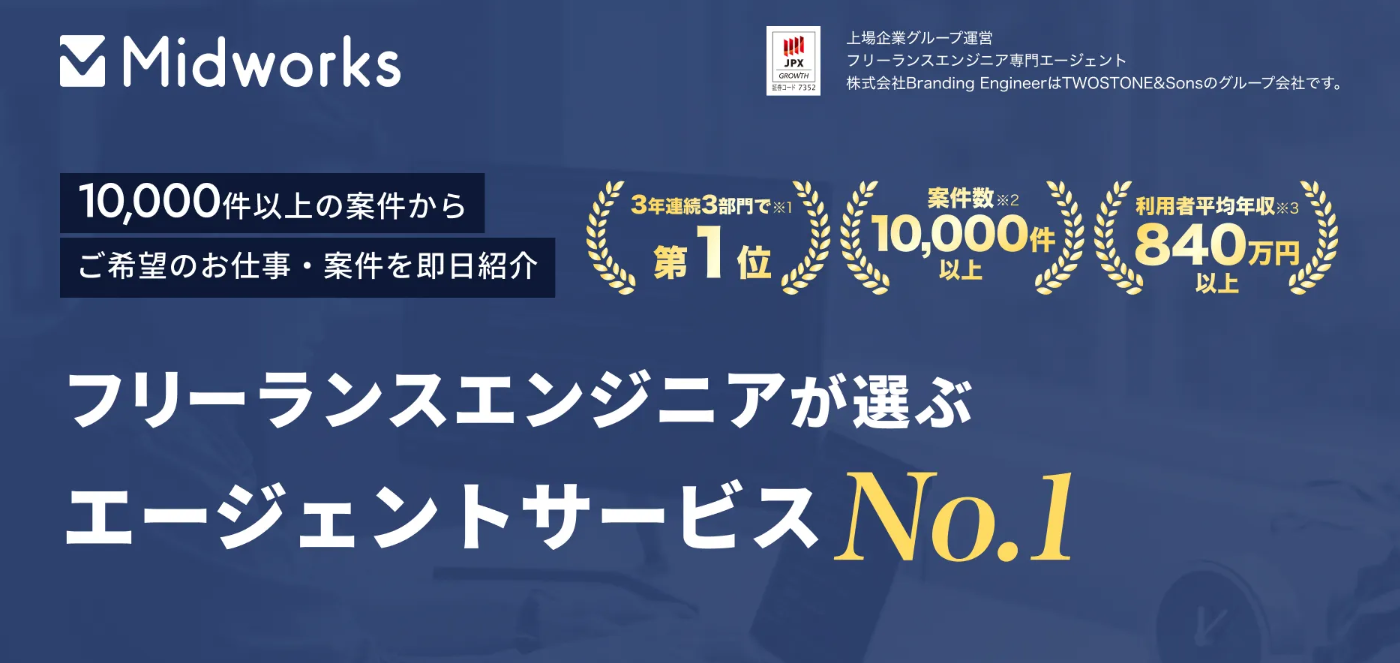 Midworks フリーランスエンジニアが選ぶエージェントサービスNo.1