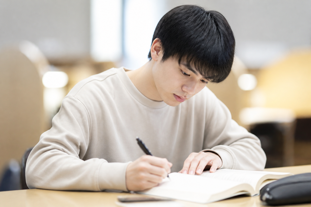 高校生が机で小論文を書いている様子