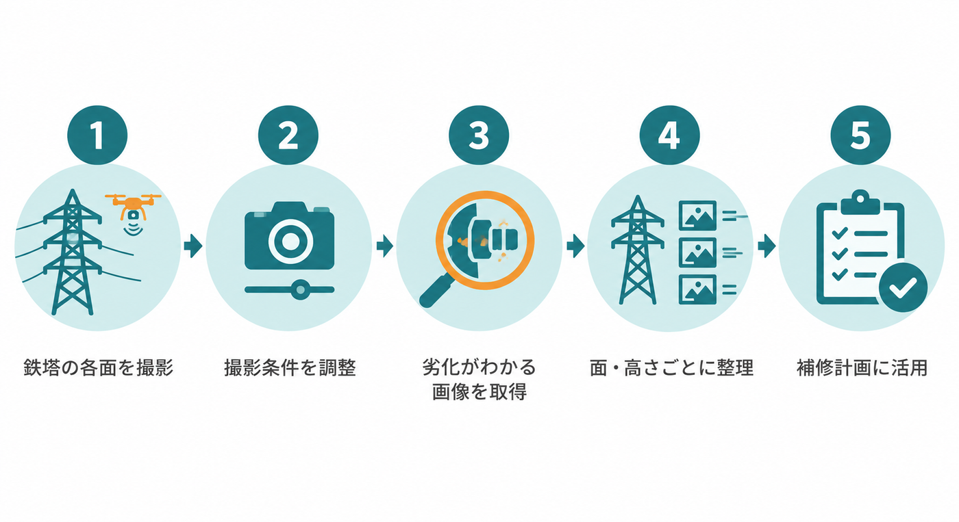 送電鉄塔のドローン点検の流れ