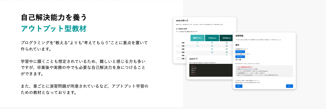 "考えてもらう"ことに重点を置いて作られているアウトプット型教材
