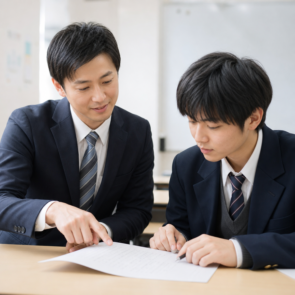 塾の講師が生徒と小論文の添削をしている様子
