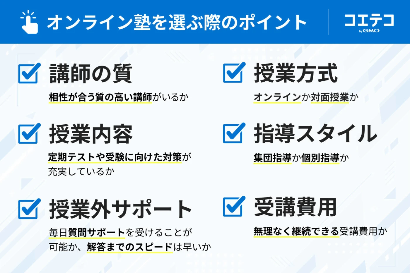 国語に強い小学生向けオンライン塾を選ぶ際のポイントを説明する画像。1.「講師の質」では相性が合う質の高い講師がいるか、2.「授業方式」ではオンラインか対面授業か、3.「授業内容」では定期テストや受験に向けた対策が充実しているか、4.「指導スタイル」では集団指導か個別指導かを確認、5.「授業外サポート」では毎日質問サポートを受けられるか、解答までのスピードが早いかを考慮、6.「受講費用」では無理なく継続できる費用であるかが挙げられている。