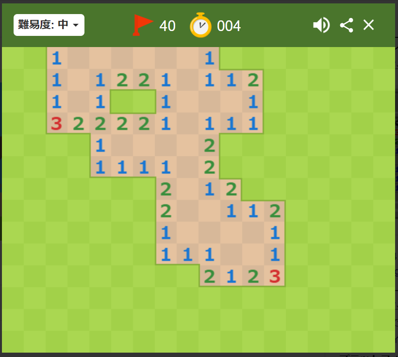 マインスイーパーのゲームのスクリーンショット