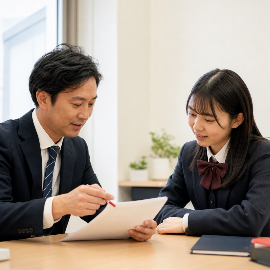 塾の講師が高校生の志望理由書を一緒に確認している様子