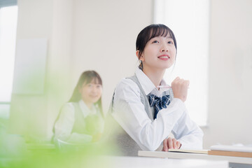学習環境における生徒の様子を捉えた画像である。環境は明るく、机の上にはノートや教材が置かれている。生徒は考え込んでいる様子で、集中して授業や学習内容に取り組んでいることが伝わる。背景には他の生徒がいる。