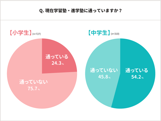 現在学習塾・進学塾に通っていますか？ 小学生は24.3%が通っている、75.7%が通っていない。中学生は54.2%が通っている、45.8%が通っていないという円グラフ。