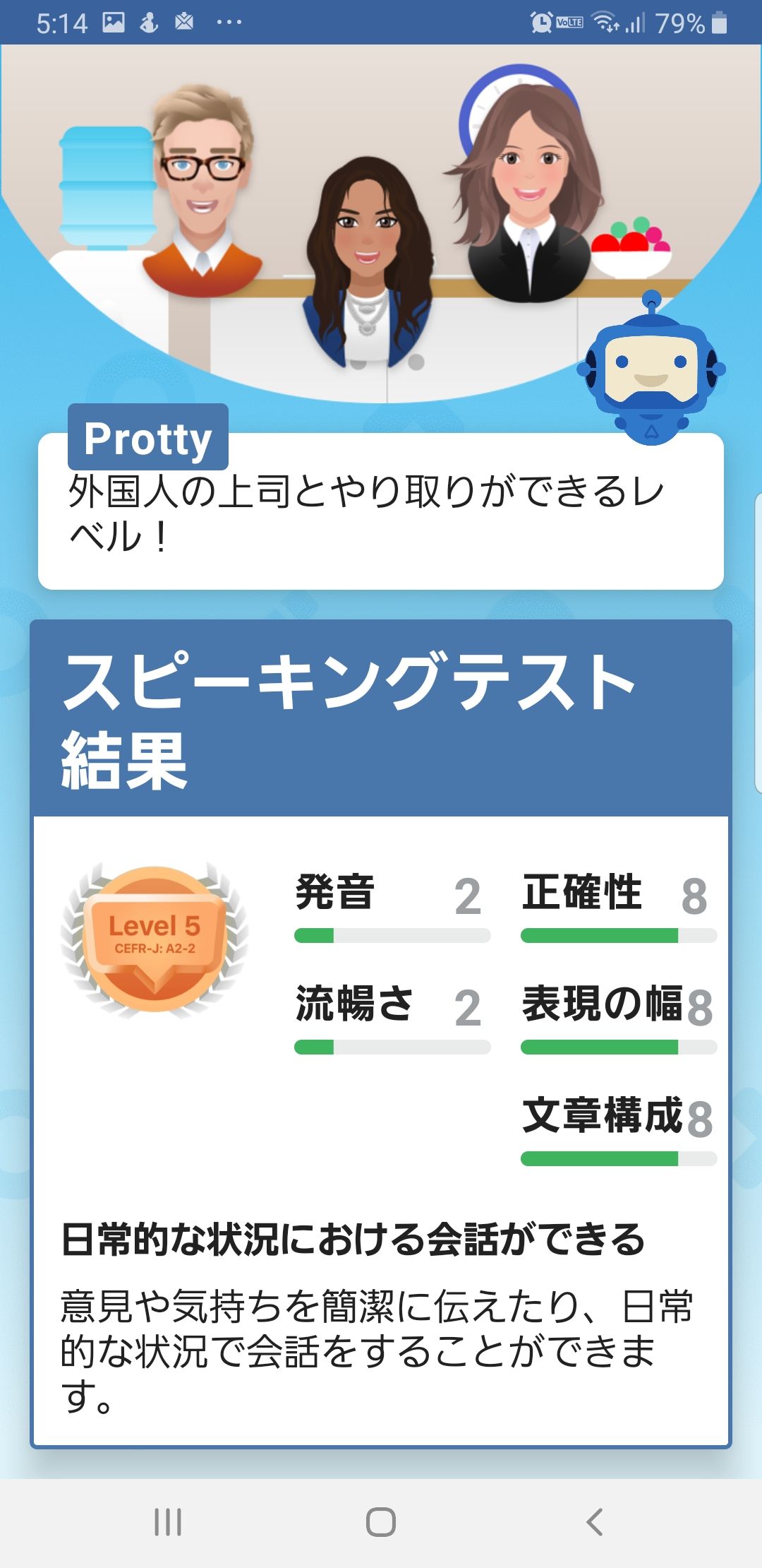 スピークバディ 英会話アプリ | レベルチェックを受けたスピーキングレベルの結果が表示されている。