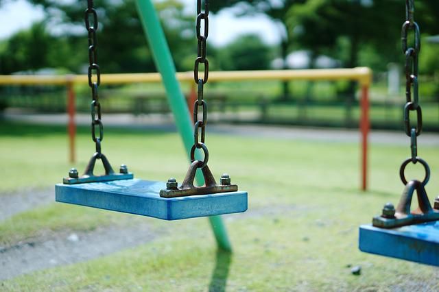 公園のブランコが写った画像である。青いブランコは金属のチェーンに吊るされており、周囲は緑の芝生で囲まれている。背景には他の遊具や自然が見え、穏やかな日常の風景が広がっている。