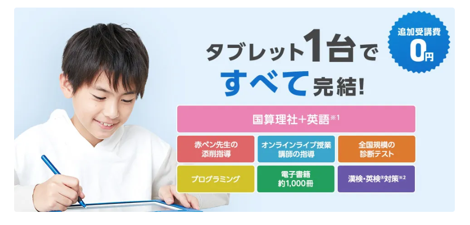 タブレット1台で学習が完結するサービスの広告画像。国語、算数、理科、社会、英語などの教科やオンラインライブ授業、プログラミング、電子書籍、テスト対策などが含まれる内容を紹介。追加受講料0円と記載。