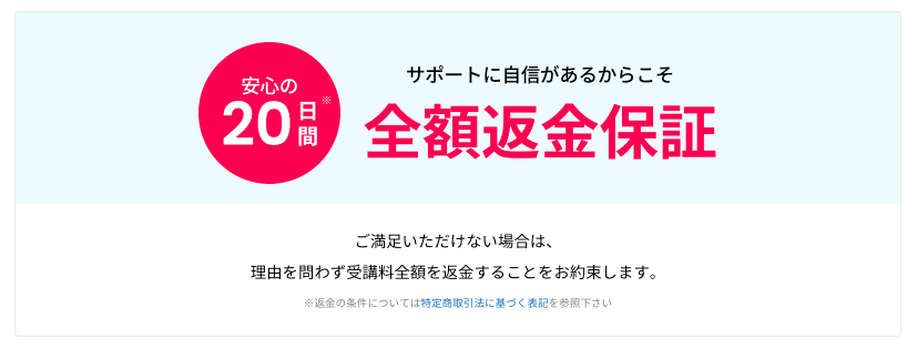 サポートに自信があるからこそ20日間全額返金保証