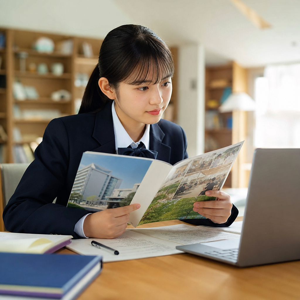 高校生が大学のパンフレットを見ながら総合型選抜を調べている様子