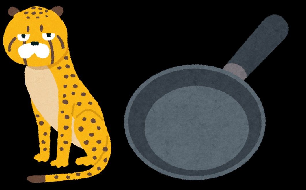 ヒョウの隣にフライパンが置かれています